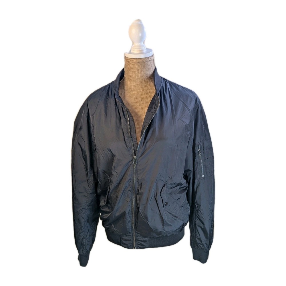 H&M Bomber Jacket Mens M Black Zip Front Nylon Blend Ribbed Collar Street Goth
